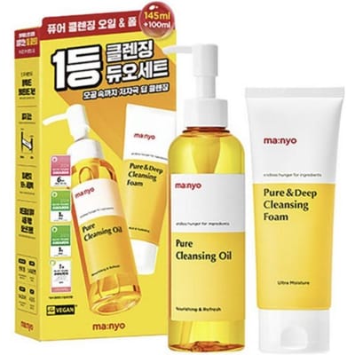 ma:nyo Pure Cleansing Oil 145ml & Pure Deep Cleansing Foam 100ml Duo Set | Koreaanse Dubbele Reinigingsset voor Make-up, Talg & Dagelijkse Poriënverzorging Duo Set