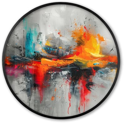 Poster in lijst Rond - Fotolijst 60x60 cm - Posters - Modern - Oranje - Grijs - Kunst - Ronde posterlijst zwart - Decoratie - Wanddecoratie woonkamer - Muurdecoratie slaapkamer