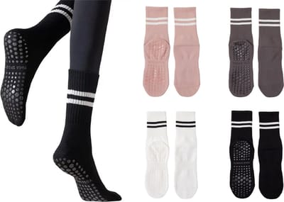 4 Paar Dames & Meisjes Antislip Sokken – Pilates Yoga en Sport Sokken – Zwart, Wit, Roze en Grijs – Maat 35-39 – Comfortabele en Stevige Sokken met Grip