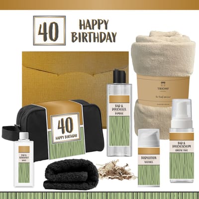 Geschenkset “40 Happy Birthday” - 7 producten - 1390 gram | Giftset voor hem - Cadeau Verjaardag Veertig Man Luxe Wellness Douche Cadeaubox Gefeliciteerd Pakket Geschenk Jarige Cadeaupakket Gift Set Party Forty Years Zwart Groen Goud Beige