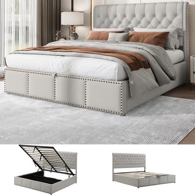 Opbergbed 180x200 cm volwassen bed Gestoffeerd bed van katoen en linnen met hydraulische hendel, opbergbox, klinknagels, lichtgrijs (zonder matras)