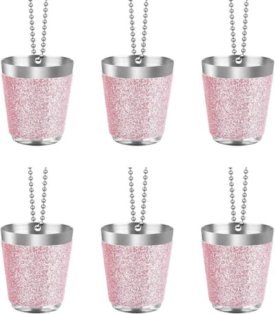 SnelShoppen - Set van 6 Roze RVS Shotglazen met Ketting - 30 ml Hangende Shotcups voor Bruiloften, Vrijgezellenfeesten, Carnavalsfeesten