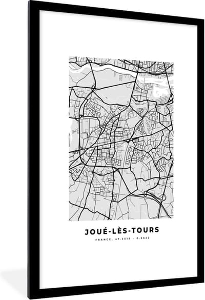 Fotolijst incl. Poster - Kaart – Stadskaart – Joué-lès-Tours - Plattegrond – Frankrijk - 80x120 cm - Posterlijst