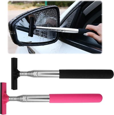 Daity 2-pack - Achteruitkijkspiegelwisser - intrekbare zijwisser - auto-achteruitkijkspiegelreiniger - lengte tot 98 cm - voor het reinigen van glas en regenwater (zwart + roze)