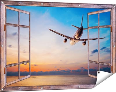 Gards Tuinposter Doorkijk Vliegtuig Boven de Zee bij Zonsondergang - 120x80 cm - Tuindoek - Tuindecoratie - Wanddecoratie buiten - Tuinschilderij