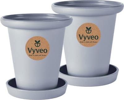 Vyveo - Bloempot Skara met onderzetter - Set van 2 - 13x13 - Donkergrijs - Bloempot voor binnen en buiten - Lichtgewicht - Breukbestendig - Vorstbestendig - UV-bestendig