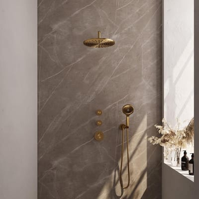 Brauer Gold Carving Thermostatische Regendoucheset Inbouw - Hoofddouche 30 cm - Gebogen Wandarm - Handdouche 3 Standen - Doucheslang - Wandaansluitbocht - Geborsteld Goud