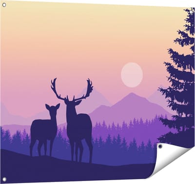 Gards Tuinposter Twee Herten - Zonsondergang - Silhouet - 100x80 cm - Tuindoek - Tuindecoratie - Wanddecoratie buiten - Tuinschilderij