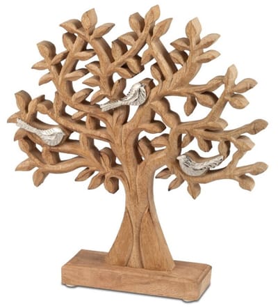 Levensboom - met Vogels - Op Mango Voet - 27x25cm - Zilver - Mango - Aluminium - Raw