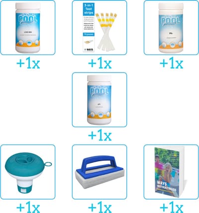Zwembad Onderhoudspakket - Onderhoud Zwembad - bevat Chloor - Testrips - PH-min - PH-plus - Chloordrijver - Scrubborstel en Zwembadgids (7-delig)