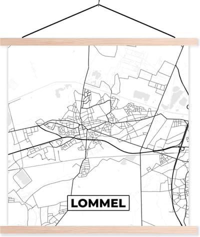 Posterhanger incl. Poster 40x40 cm - Schoolplaat - België – Lommel – Stadskaart – Kaart – Zwart Wit – Plattegrond - Textielposter - Blanke latten - Stadskaart