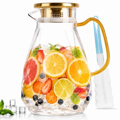 BOTC Karaf van glas - Waterkan met deksel - 2,2 L - Ijstheekan met borstel - Hittebestendige Borosilicaatkan