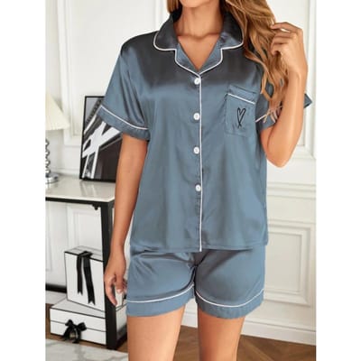 Pyjama Set met Hartborduurwerk Satijn Knoopsluiting Top met Korte Mouwen & Elastische Shorts voor Valentijnsdag Cadeaus Dames Nachtkleding S black