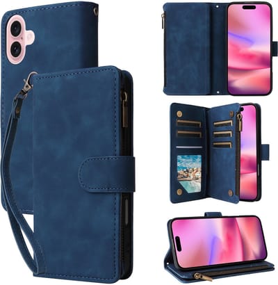 YPCd Wallet Case Pasjeshouder met Rits – Geschikt voor Apple iPhone 17 – Luxe Bookcase Hoesje met 6 Pasjesvakken & Polsbandje – Blauw
