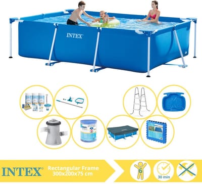 Intex Rechthoekig Frame Zwembad - 300 x 200 x 75 cm - Blauw - Inclusief Afdekzeil - Onderhoudspakket - Zwembadfilterpomp - Filter - Schoonmaakset - Ladder - Voetenbad - Vloertegels - 9-delig