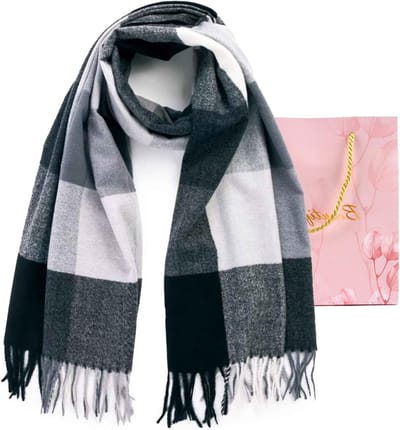 Winter Tartan Sjaal voor Dames, Comfortabele en Warme Faux Cashmere Sjaal, Perfect Cadeau voor Vrouwen, Zwart en Grijs, One Size, Mode Accessoire voor Koude Dagen