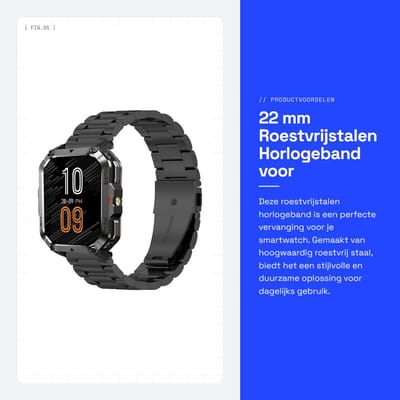 Dailygoods - 22 mm Roestvrijstalen Horlogeband voor Smartwatch, Slijtvast en Stijlvol