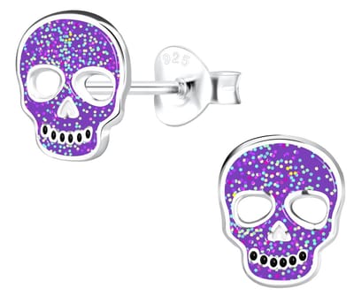 Joy|S - Zilveren skull oorbellen - doodskop - 6 x 8 mm - paars met glittertjes - kinderoorbellen