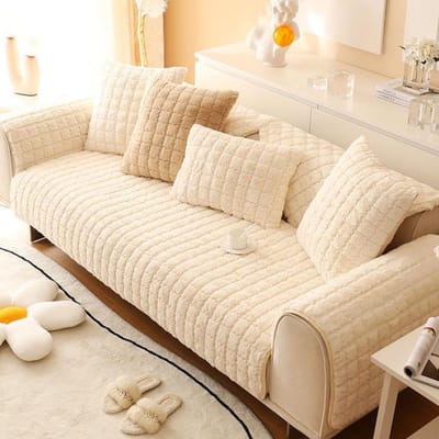 Superzachte Bankhoes Antislip Konijnenpluche L-vorm Verdikte Fauteuilhoes Bankhoes Meubelbeschermer Winter Cushion cover30x50cm crème