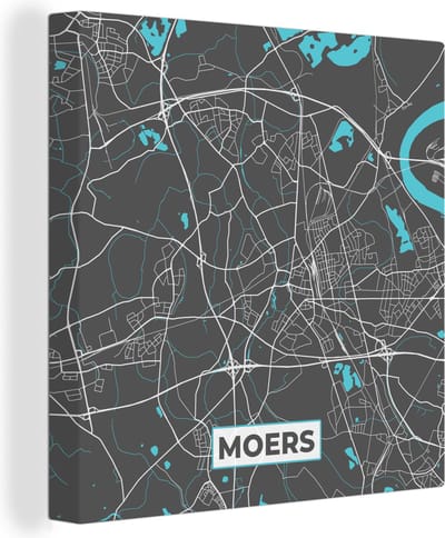 Canvas Schilderij Plattegrond – Moers – Blauw – Stadskaart – Kaart - Duitsland - 20x20 cm - Wanddecoratie