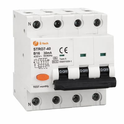 E-TECH Aardlekautomaat 16A – 3P+N – 30mA – Type A – B-karakteristiek – 400V