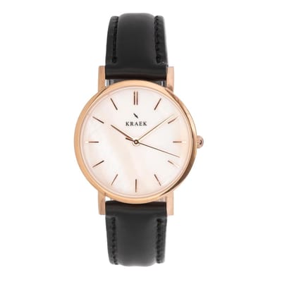 KRAEK Isabel Rosé Goud Wit 32 mm | Dames Horloge | Zwart leren horlogebandje | Minimaal Design | Solis collectie