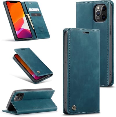 Premium Leren Telefoonhoes voor iPhone 12/12 Pro, Vintage Nubuck, Vouwbare Flip Case met Kaartvak en Schokbestendigheid, Teal Groen