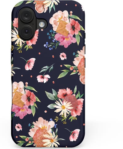 Casetastic hoesje geschikt voor Apple iPhone 16 - MagSafe - Dubbellaagse bescherming - Bloemenkracht met D20 - Fashion Case - Zwart Perzik Zand Grijs