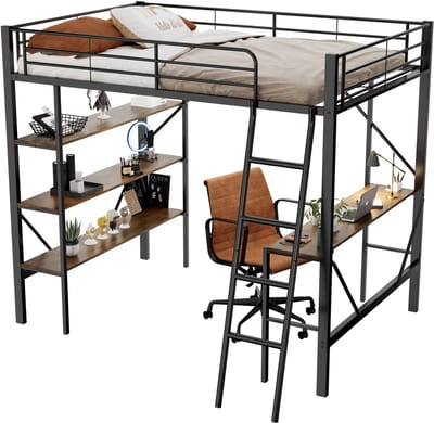 90x200 cm Hoogslaper met bureau en drie planken - 90x200 cm - zwart - zonder matras