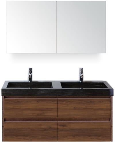 Dante Badmeubelset 120 cm - Walnoot - Wastafel Hardsteen Wit Lucca Dubbel met Spiegelkast