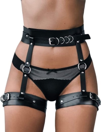 Nooitmeersaai - Harnas Vrouw - PU Leer - Harnas met Dikke Beenboeien - Zwart - BDSM - Bondage Harnas