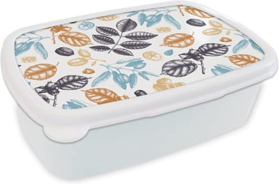 Broodtrommel Wit - Lunchbox - Brooddoos - Vintage - Bladeren - Noot - Patronen - 18x12x6 cm - Volwassenen