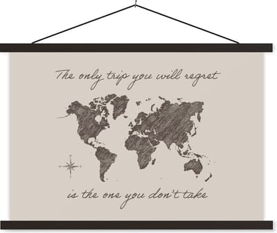 Posterhanger incl. Poster 60x40 cm - Schoolplaat - Spreuken - Quotes - The only trip you will regret is the one you don't take - Wereldkaart - Textielposter - Zwarte latten