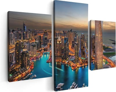Artaza Canvas Schilderij Drieluik Dubai Haven met de Stad - 90x60 - Foto Op Canvas - Canvas Print