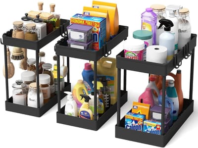 HEZIVO® Gootsteenkast Organizer - Keukenkast Opbergrek - Badkamerkast - Met 16 Haken - Aanrecht Kast - 2 Stuks - Zwart