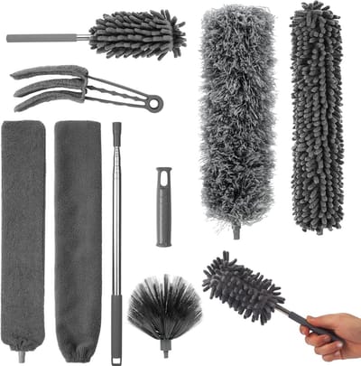 Stoffer Set - Plumeau Telescoop - Hoge Oppervlakken - Uitschuifbaar Tot 245cm - 9 Stuks - Grijs
