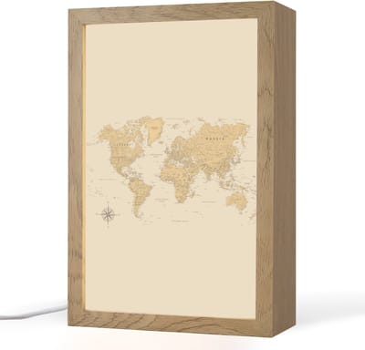 Tafellamp 20x30 cm - LED lamp - Wereldkaart - Realistisch - Beige - Decoratieve tafellampen - Dimbaar - Tafellampje slaapkamer - Woonkamer binnen