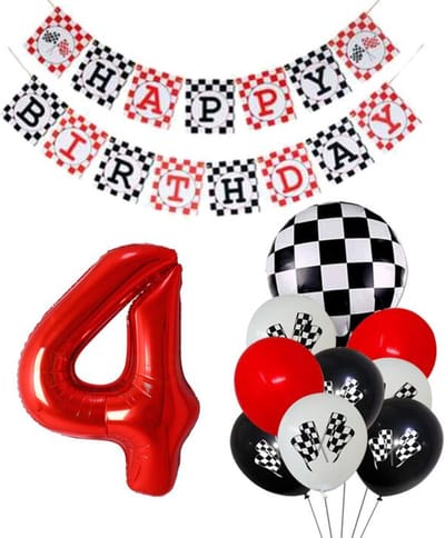 Snoes Racecijferballon 4 Plus Pakket - Verjaardag Ballonnen Race Thema - Rood, Wit & Zwart