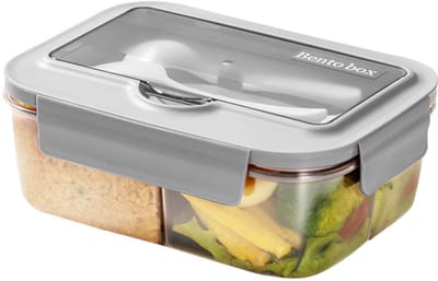 Broodtrommel - broodtrommel lunchbox volwassenen - Lunchboxen kinderen - Lunchbox met vakjes - Herbruikbare lunchbox - Boxcontainer met 2 compartimenten - Geïsoleerde - Afsluitbare - Draagbare - Kan in de magnetron worden verwarmd (grijs)