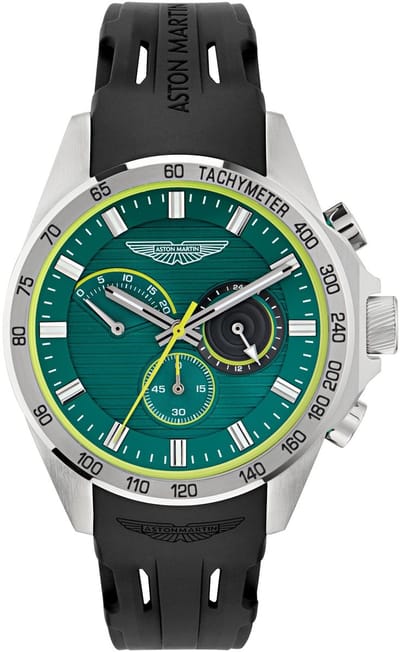 Aston Martin Hlc W Quartz Chronograaf Horloge Zwart Kast Gemaakt Van 100% Roestvrij Staal En Een Armband Van 100% Siliconen 44 MTRH1F5013E, MTRH1F5023E, MTRH1F5033E