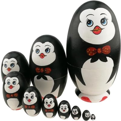 Set van 10 schattige dieren thema pinguïn eivormige houten handgemaakte nesting dolls, perfect als speelgoed en cadeau voor kinderen