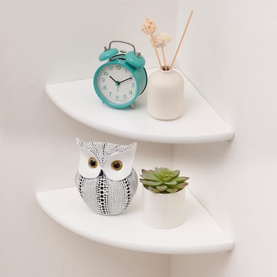 Set van 2 Hoekplanken van Massief Eikenhout, Ronde Einden, Wandplank voor Slaapkamer en Woonkamer, Vintage Landhuisstijl, 18 cm Radius, Decoratief en Functioneel