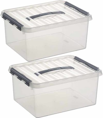 2x sunware q-line opberg box/opbergdoos - 15 liter - 40 x 30 x 18 cm - kunststof - opslagbox - transparant/zilver