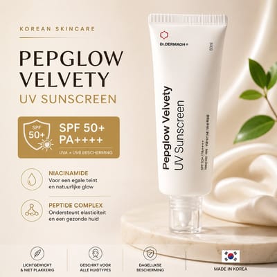 Korean Skincare SPF50+ PA++++ sunscreen met hoge zonbescherming, bescherming, niacinamide en peptide complexen voor hydratatie, anti-aging en een stralende glow finish, geïnspireerd door next-generation Koreaanse huidtechnologie.