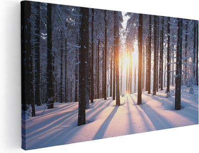 Artaza Canvas Schilderij Bos - 40x20 cm - Klein - Wanddecoratie Winter - Muurdecoratie Zonsondergang - Schilderijen Op Canvas Natuur