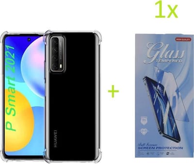 Hoesje Geschikt voor: Huawei Y6p / Y6s - Anti Shock Silicone Bumper Hoesje - Transparant + 1X Tempered Glass Screenprotector
