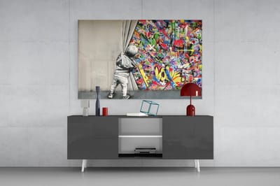 Glasschilderij – Achter het Gordijn – Graffiti – 140x90x0.4 cm
