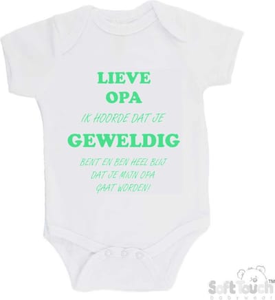 100% katoenen Romper "Lieve opa ik hoorde dat je geweldig bent en ben heel blij dat je mijn opa gaat worden!" Unisex Katoen Wit/mint Maat 56/62