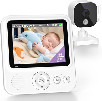 Babyfoon met camera 720p IPS-video, babyfoon zonder wifi, 2000mAh-batterij, VOX-modus, nachtzicht, temperatuuralarm, intercomfunctie, digitale zoom, 8 slaapliedjes en 5 wekkers.