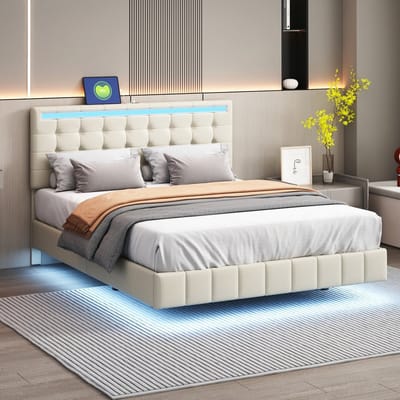 Zwevend Bedframe met LED-verlichting rondom en in Hoofdbord, met USB-Aansluiting, Modern Design, 140x200 cm – Beige